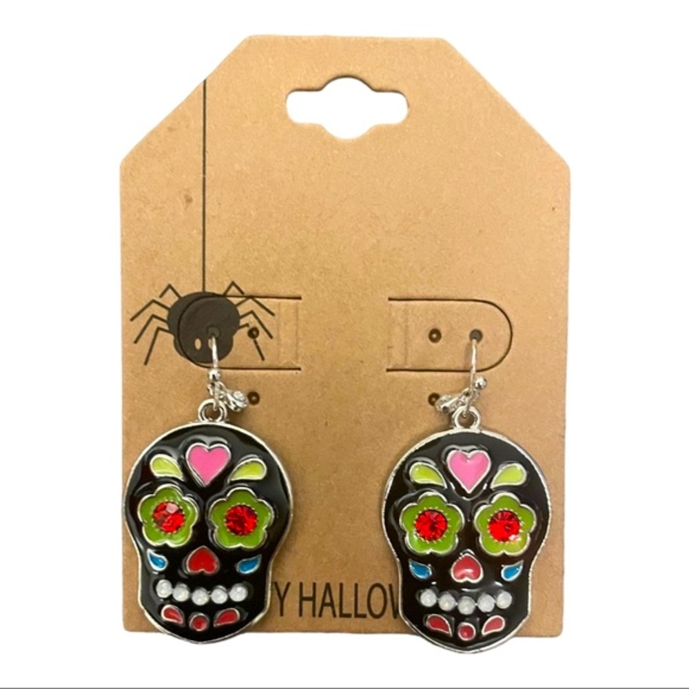 Sugar Skull Rhinestone Embellished Halloween Dangle Earrings NWT